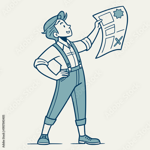 Vector art depicting a failed inventor proudly holding a torn blueprint, a visual representation of creative obstacles and learning.