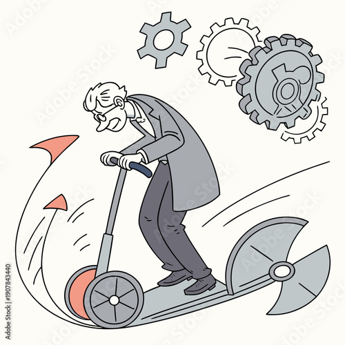 Whimsical flat vector illustration of a failed inventor riding his quirky, fantastical invention backwards, portraying humorous misadventure and engineering mishap.