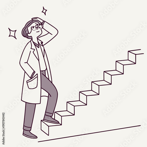 Flat vector illustration of a clumsy failed inventor nervously testing a dangerously shaky and unstable staircase, highlighting engineering failure and a precarious situation.