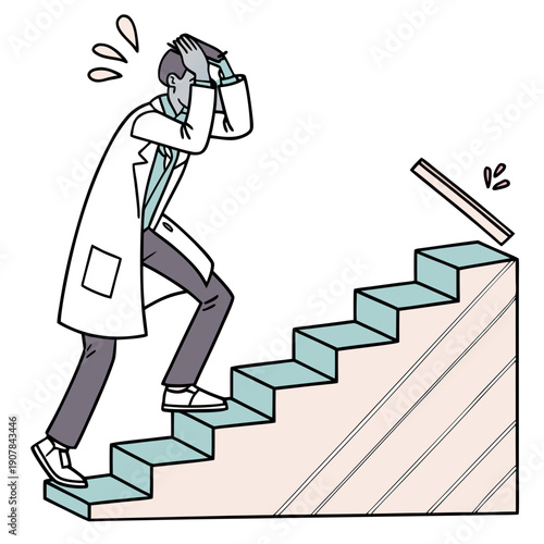 Flat vector illustration of a clumsy failed inventor nervously testing a dangerously shaky and unstable staircase, highlighting engineering failure and a precarious situation.