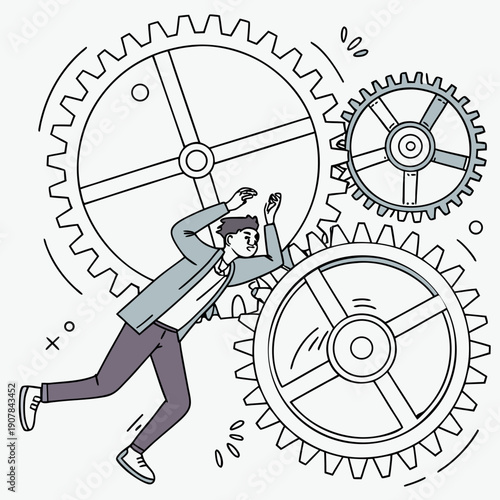 Clean vector illustration of a frustrated failed inventor comically tangled in a complex array of mechanical gears, depicting engineering chaos and creative struggle.
