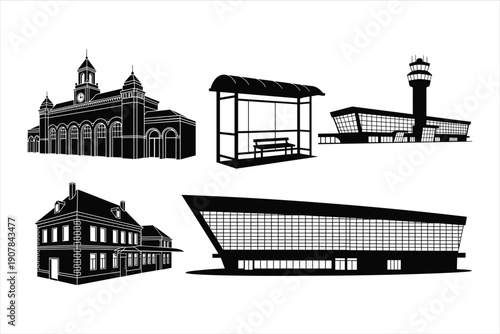 Black and White Transportation Buildings Icon Set