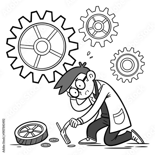 Flat vector illustration of a bumbling failed inventor testing a bizarre contraption with wildly unstable wheels, depicting an experiment gone wrong and comical disarray.