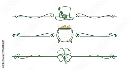 Charming decorative dividers for St. Patrick's Day featuring top hat, pot of gold, and shamrock