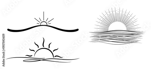 Stylized sun and waves decorative dividers for sunrise-themed design