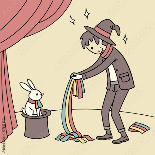 Comical Vector Illustration of a Frustrated Magician Pulling a Mess of Tangled Scarves from a Hat, Magic Trick Gone Wrong