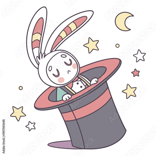 Cute Vector Illustration of a Humorous Magician Stuck Upside Down in a Magical Top Hat After a Failed Disappearing Act