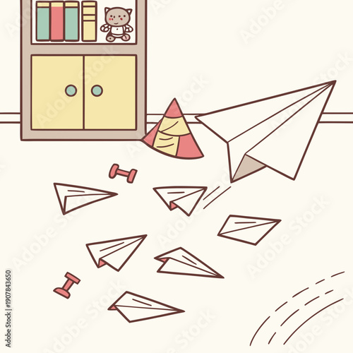 Crumpled Pile of Paper Airplanes After a Failed Launch, Humorous Vector Illustration of a Childhood Mishap or Poor Design