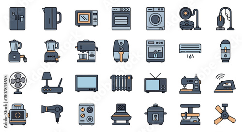Modern home appliances flat icon set – kitchen and household electronics vector collection