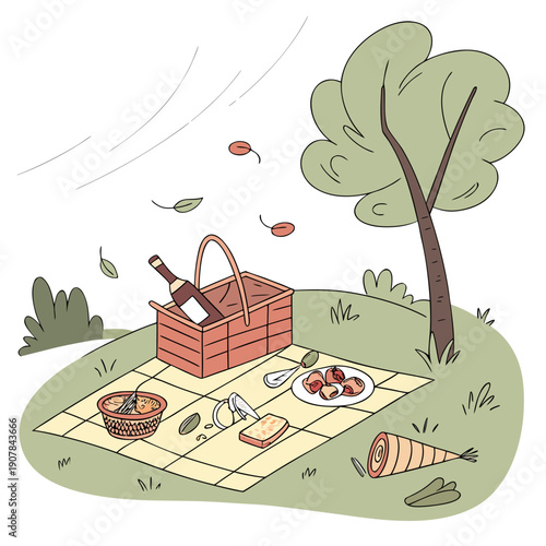 Flat Vector Illustration of a Failed Picnic Blown Away by Strong Wind, Food and Blanket Flying in the Air, Outdoor Disaster