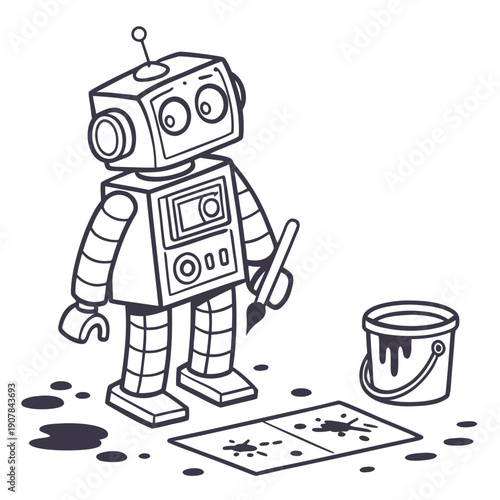 Humorous Vector Illustration of a Malfunctioning Robot Artist Symmetrically Splattering Paint in a Creative Mess