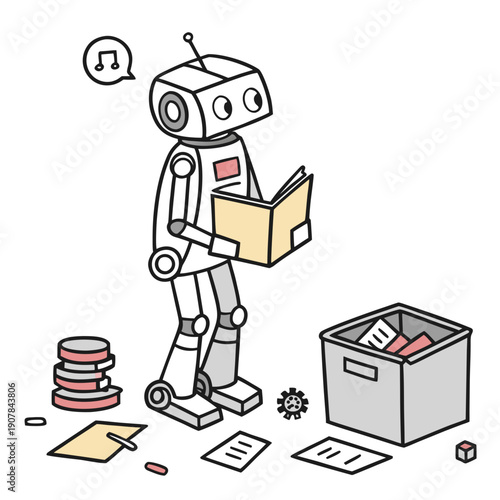 Flat Vector Illustration of a Failed Robot Helper Randomly Sorting Items, Depicting Disorganization and Inefficiency