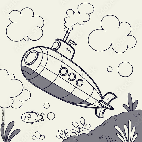Whimsical Failed Submarine Floating in the Air: A Humorous Paradox of Invention and Defiance of Physics in a Playful Scene.