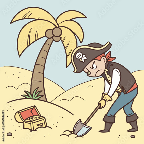 Humorous Failed Treasure Hunter Digging in the Wrong Spot: A Whimsical Depiction of Effort in Vain and the Pursuit of Elusive Riches.