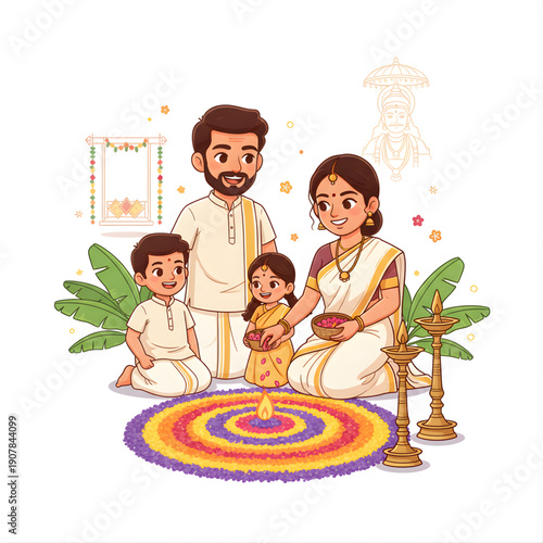 Kerala family celebrating Onam with floral rangoli, vector caricature