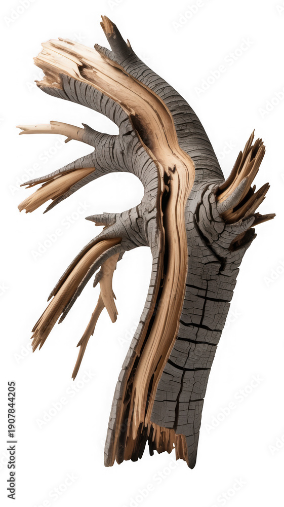 Obraz premium Abstract burnt wood sculpture with intricate cracks and contrasting light and dark textures, isolated