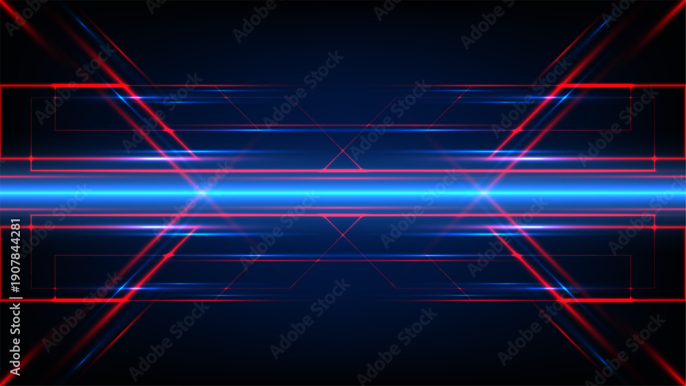 Naklejka premium Futuristic technology background with glowing neon red and blue light streaks in symmetrical geometric pattern for digital innovation and high tech cyber