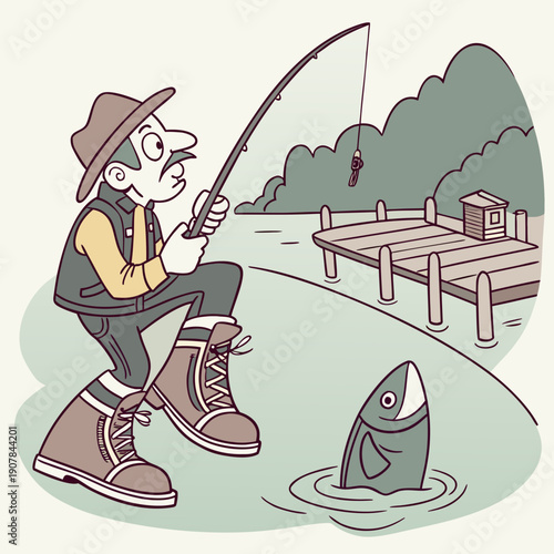 Playful Cartoon Vector of a Whimsical Fisherman Angling a Rusty Old Boot Instead of a Fish, Capturing Humorous Disappointment and Surprise.