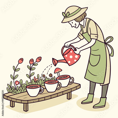 Playful Vector Illustration of a Whimsical Gardener Cultivating Colorful Mushrooms Inside Delicate Teacups, Blending Nature and Domesticity with Humor.