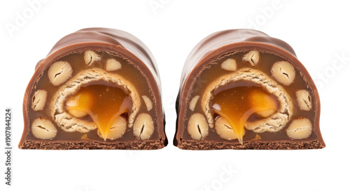Delicious Snickers chocolate bar cut in half isolated PNG, caramel and peanuts candy for sweet snack and dessert