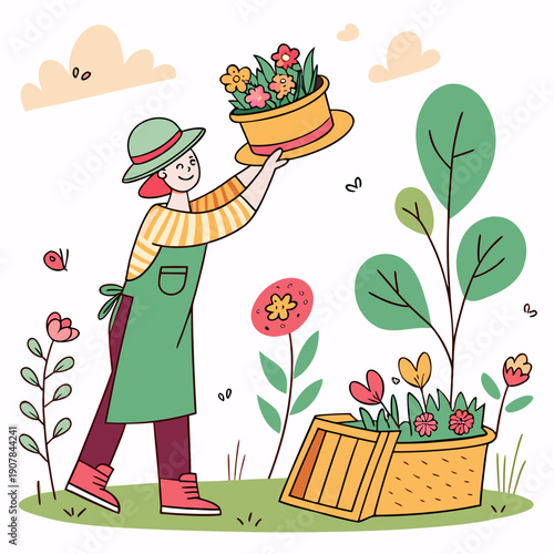 Whimsical Vector Illustration of a Creative Gardener Planting Stylish Hats as Unique Flowerpots, Cultivating a Quirky and Fashionable Garden.