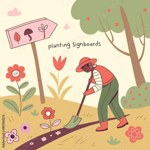 Playful Vector Illustration of a Whimsical Gardener Humourously Planting Signboards Instead of Seeds, Cultivating a Garden of Directions and Messages.