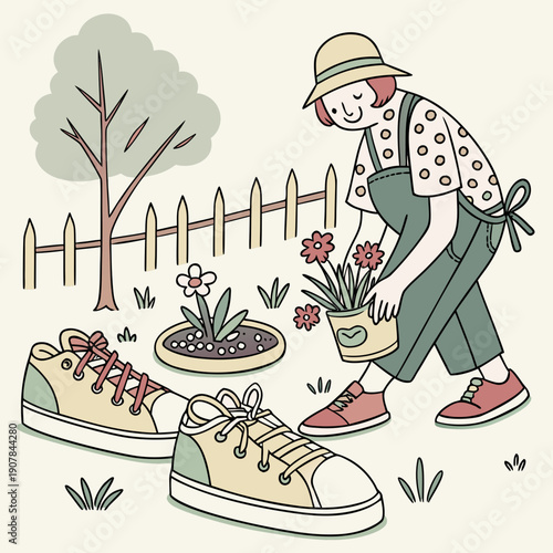 Whimsical Vector Illustration of a Playful Gardener Utilizing Colorful Shoes as Creative Pots for Planting and Growing Vibrant Flowers.