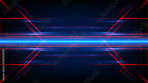 Futuristic technology background with glowing neon red and blue light streaks in symmetrical geometric pattern for digital innovation and high tech cyber