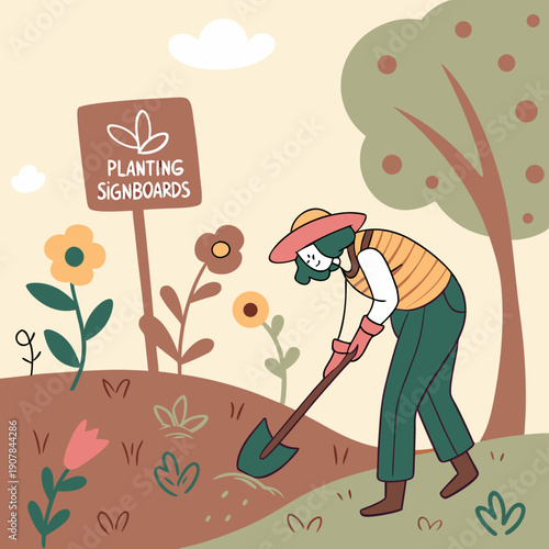 Playful Vector Illustration of a Whimsical Gardener Humourously Planting Signboards Instead of Seeds, Cultivating a Garden of Directions and Messages.