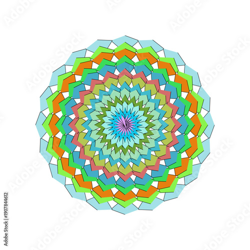 Vector mandala pattern with green, orange, blue, and pink geometric shapes, spiritual meditation design isolated on white