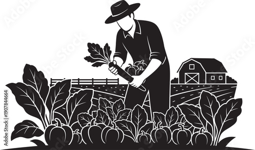 Vector illustration of organic farming practices showing sustainable agriculture, healthy crops, and eco-friendly gardening techniques in a rural setting.