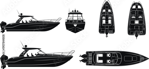 Black luxury motor yacht silhouettes set isolated on white background showing side front top views ideal for marine design vector illustration and branding projects