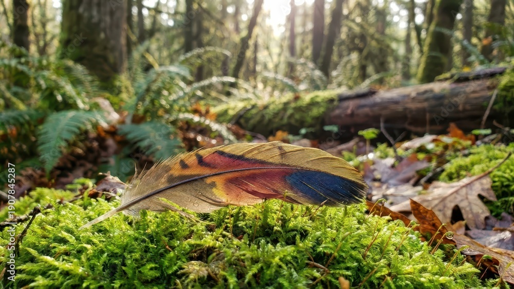 Obraz premium Vibrant Golden Pheasant Feather Rests on Mossy Forest Floor with Sunlight Streaking Through Trees
