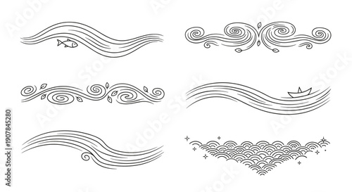 Stylized wave and fish decorative dividers for aquatic-themed design