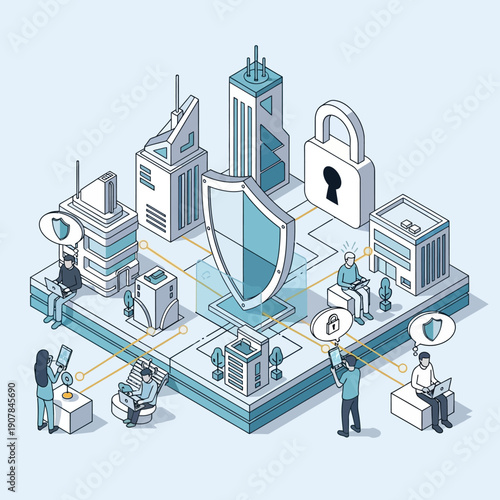 Isometric illustration of a secure office environment with people working and shield icon.