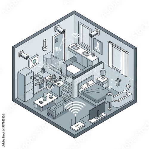 Isometric illustration of a modern smart home interior with various devices.