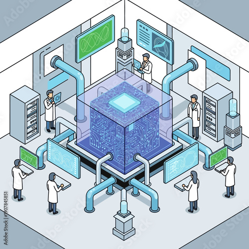 Scientists working together in a high-tech laboratory with a large blue data cube.