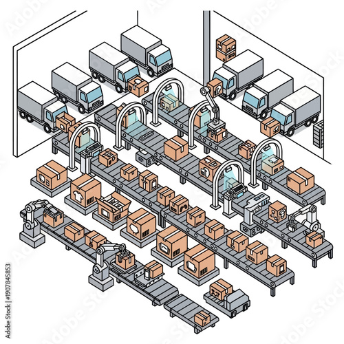 Automated Warehouse Distribution Center with Conveyor Belts and Trucks.