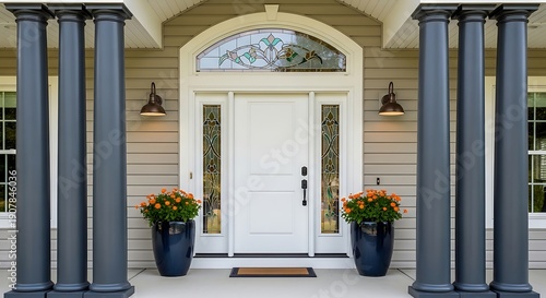 Welcoming front entryway of a modern home featuring a white door, stained glass transom and sidelights, elegant columns, and vibrant potted flowers. Ideal for home design and real estate visuals.