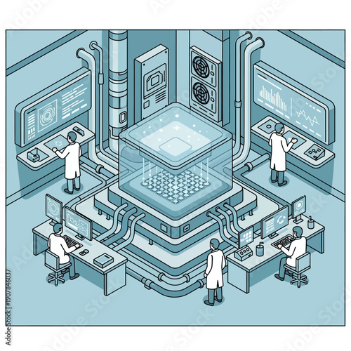 Scientists working in a futuristic laboratory with advanced equipment.