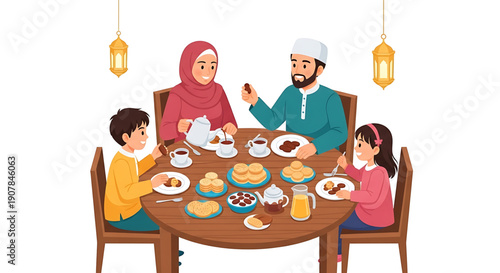 Happy Muslim Family Enjoying a Delicious Meal Together During Ramadan Evening Feast with Traditional Lanterns