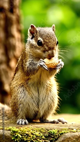A cute striped squirrel takes a peanut from a human hand in a lush green