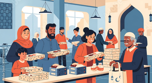 Community volunteers distribute food boxes during a religious celebration