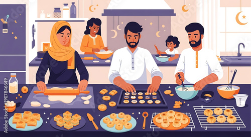 Family baking together during Ramadan, preparing traditional sweets for celebration and togetherness