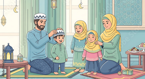 Joyful Muslim family preparing for a blessed celebration, father dressing his son and mother adorning her daughters, capturing the warmth of togetherness and tradition during religious festivities