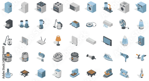 Isometric home appliances icon set – kitchen and household electronics 3D vector collection