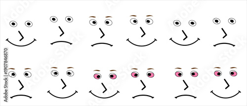 Crayon emoji faces in doodle style. Hand drawn cartoon emoticons with different moods and feelings