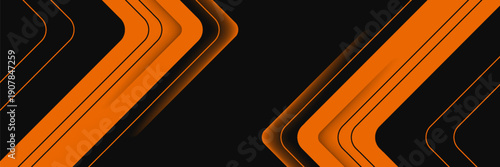 Black abstract wide horizontal banner with orange and gray lines, arrows and angles. Dark modern sporty bright futuristic abstract background. Wide vector illustration EPS1