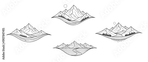 Stylized mountain landscape decorative dividers for adventure-themed design