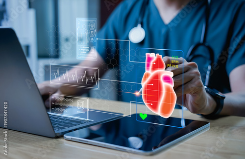 Medical doctor touches an electronic medical record on tablet, with heart and DNA holographic virtual screens show digital healthcare networks, advanced medical technology, and futuristic innovation.